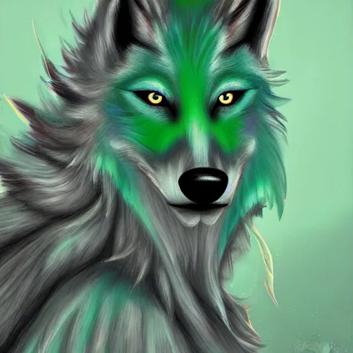 Image similar to Beautiful digital painting, anthro anthropomorphic pastel-green androgynous wolf, Punk outfit. lake