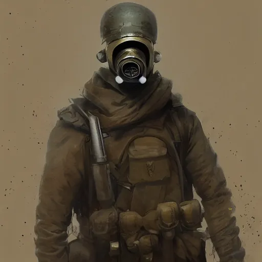 Prompt: a russian soldier from world war two wearing a gas mask,digital art,art by greg rutkowski,artstation,eerie