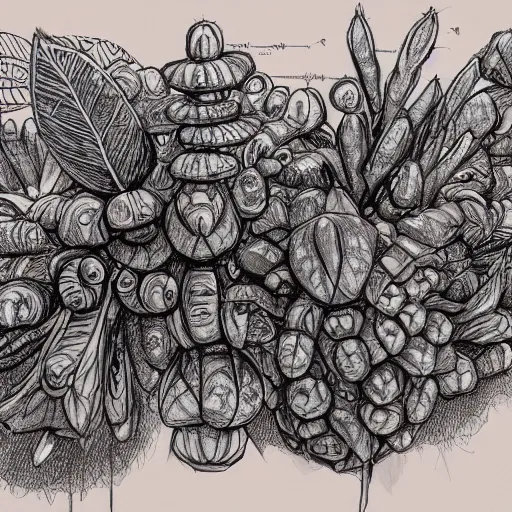 Prompt: annotated highly, detailed and intricate, sketch of a pod full of plants, marker concept art style rendering, concept art, half blueprint, trending on artstation, intricate details, center frame, annotations