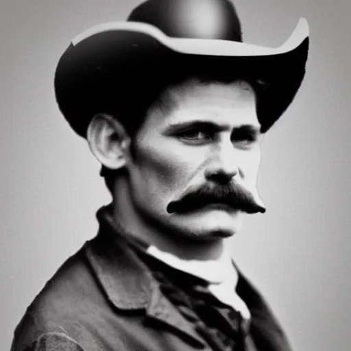 Image similar to A photograph portrait of Jerma985 as a cowboy with a pyramidal mustache in the late 1800s, taken in the late 1800s, 1870s, grainy, taken on a Field View Camera, realistic, hyperrealistic, very realistic, highly detailed, very detailed, extremely detailed, detailed, digital art, trending on artstation