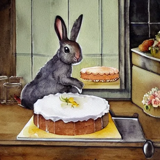Prompt: a rabbit putting a cake into the oven in a beautiful french rustic kitchen, realistic watercolour