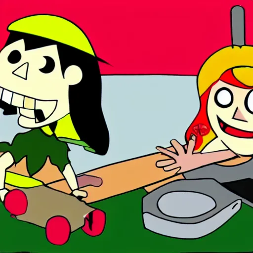 Prompt: billy and mandy rolling a cannabis joint with grim