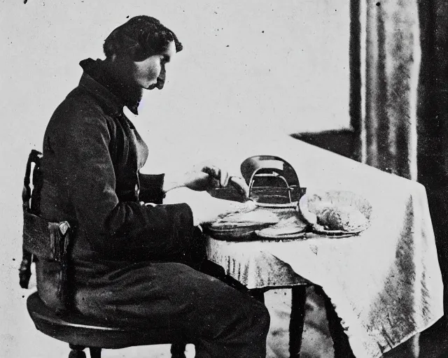 Image similar to an early 1800s photo of someone sitting at a computer making a donut in blender