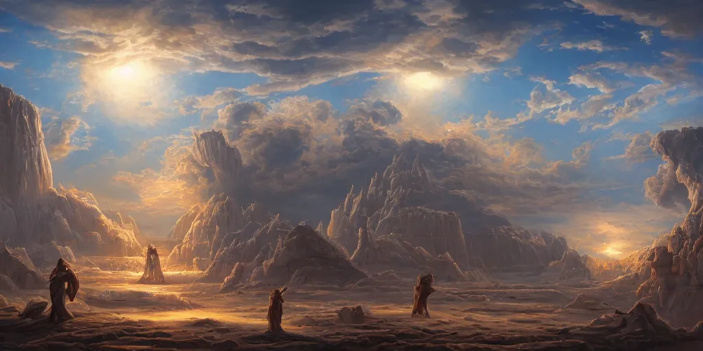 Prompt: A beautiful 4K 3D ultra realistic sci-fi painting of giant ethereal gods in ancient times. They use advanced technology to craft a new world with ultra high blue energy, magic sand and stone, by Noah Bradley