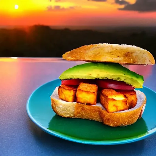 Image similar to sandwich with fried tofu, one tomato slice, one onion ring, avocado, melted cheddar, over a dish that is over a table, with a sunset and rainbow in the background with saturn and stars in the sky