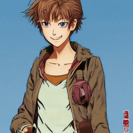 Prompt: Character design of a pretty serious young woman with messy light-brown hair wearing a bright blue dress and a muddy brown hiking jacket, serious expression, by Yusuke Murata, highly detailed, full-body shot