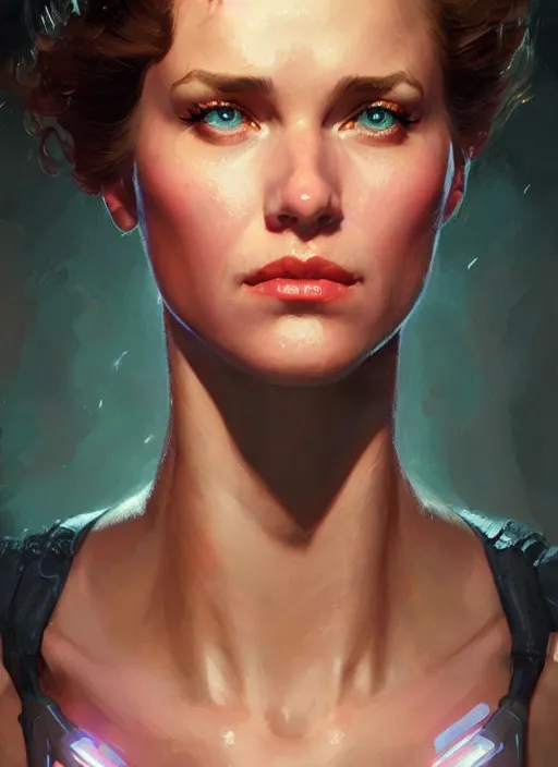 Prompt: head portrait of 8 0 s scifi elegant pretty girl, ripley, cinematic, detailed, dynamic, artstation character, norman rockwell, everett raymond kinstler, artgerm, daniel gerhartz, greg rutkowski, pulp science fiction illustration