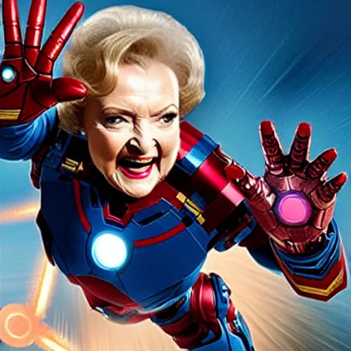 Image similar to promotional still of betty white as marvel's iron man [ film ], hero pose but shy, action, adventure, romance, imax 7 0 mm, 4 k