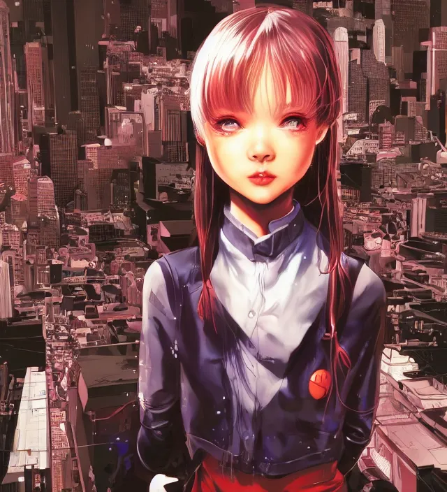 Image similar to hd 3 d rendered graphic novel video game portrait of a cute young schoolgirl complicated synaptic particles angelic deity demon future downtown in ishikawa ken miura kentaro gantz frank miller jim lee alex ross style detailed trending award winning on flickr artstation