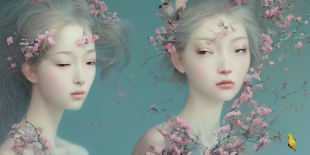 Prompt: breathtaking detailed concept art painting portrait in pastel colors of girls looks each other by hsiao - ron cheng with light blue flowers and birds in carroty hair, weird background with bizarre compositions blend of flowers and birds, exquisite detail, 8 k