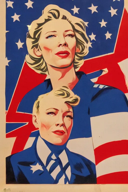 Prompt: american propaganda poster with cate blanchett calling on the world community to fight against Nazism, Ultra Detailed, soviet realism