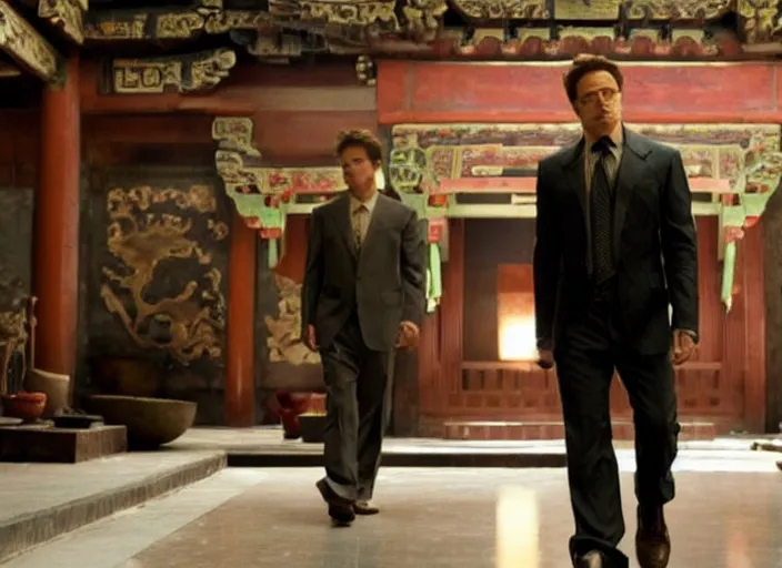 Prompt: film still of Robert Downey Jr as Cobb in an ancient chinese temple in Inception, 4k