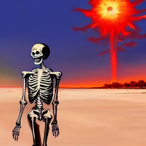 Image similar to Beautiful digital painting portrait of relaxed skeleton walking on the tropical beach with nuclear bomb explosion in the background nuclear bomb explosion in the background, by James Gurney, high quality, trending on Artstation, realistic, tropical color scheme, anatomically correct skeleton, high coherence, clear blue sky