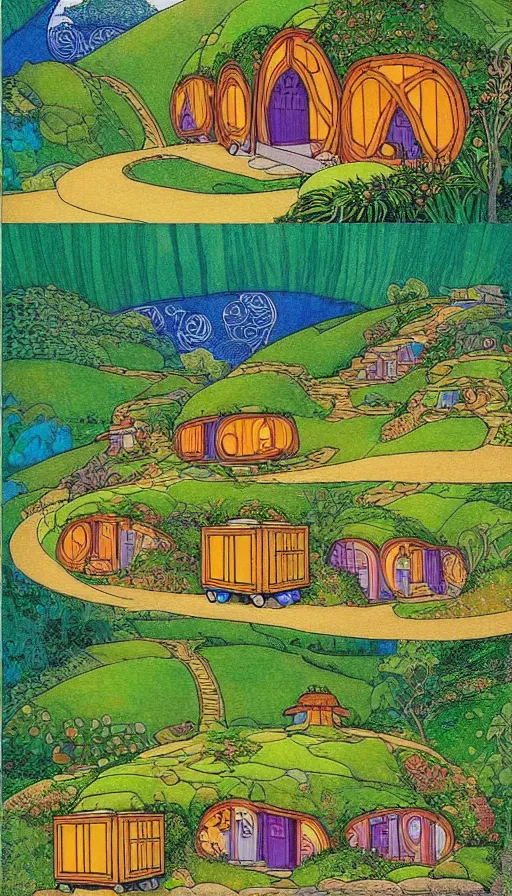 Prompt: hobbit monastery on hawaii, shipping containers emerging from hillside, prefab mini homes, by Ivan Bilibin, Lisa Frank