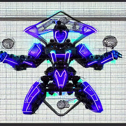 Image similar to <https://s.mj.run/Hy-XYluU-s8> A wireframe Mecha dragon, Holographic Projection, Grid, glowing neon, diagram schematic, measurements, hieroglyphics, octane rendered, 16k uhd