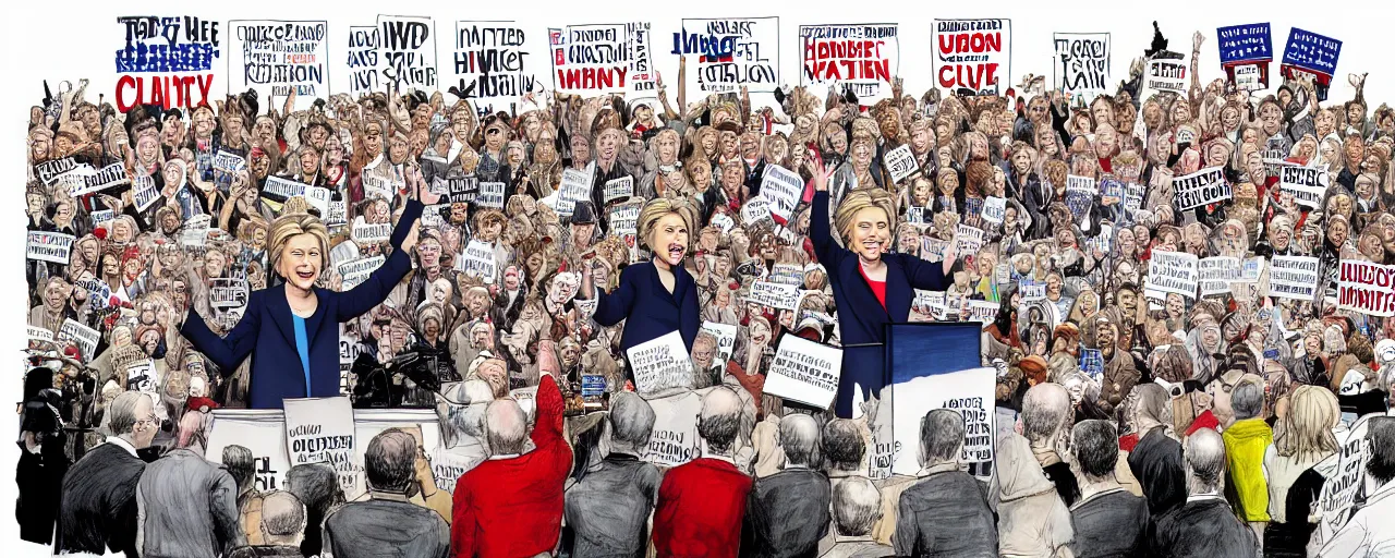 Image similar to an political caricature of hilary clinton at a podium surrounded by a crowd of angry protestors with signs, by gerald scarf and ralph steadman, illustration, ink drips, front angle, ink splatters, pen and ink, flat color, drawing, facing front, anatomically correct, beautiful perfect face, sharp focus, highly detailed, cinematic lighting, 8 k, hd