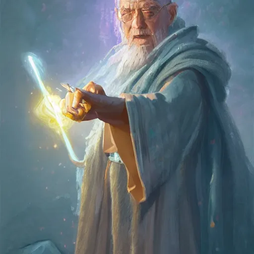 Image similar to Old man with exquisite colored robes, Holding a staff with a crystal at the top, casting a spell, fantasy, D&D, 4k, ultra detailed, by Greg_Rutkowski and Viktor Antonov