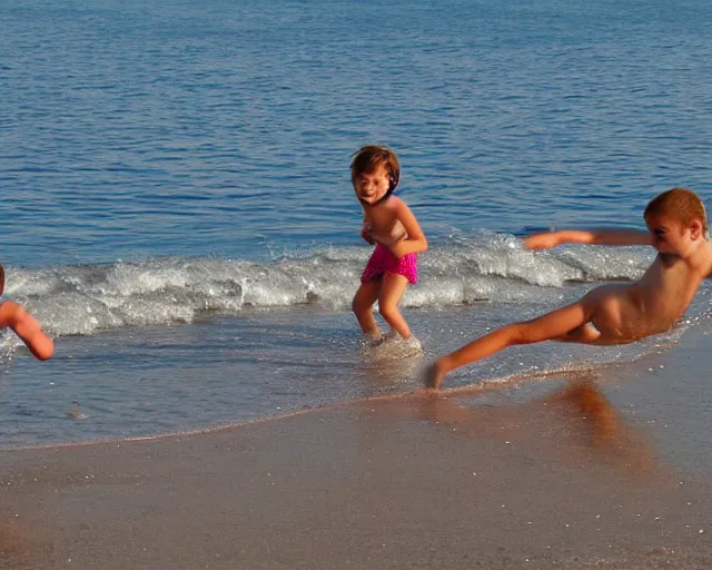 Prompt: children playing at the beach, action photography, cdx