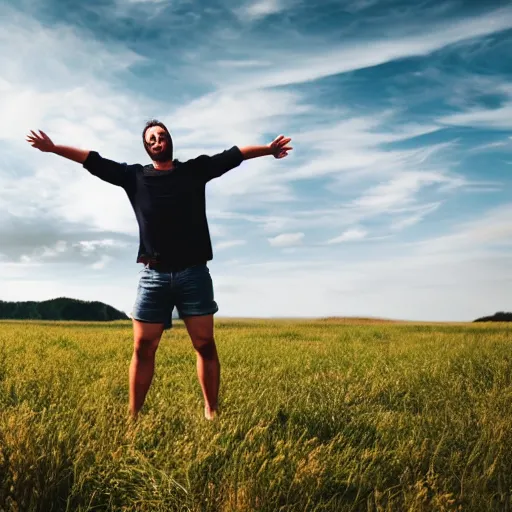 Image similar to happy man standing in a field with arms in the air