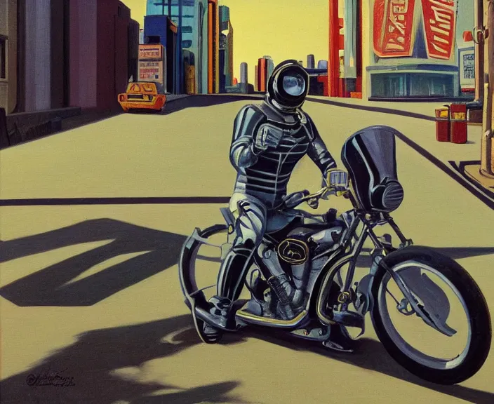 Image similar to a very detailed painting of a astronaut wearing a suit, riding a motorbike down a street, harley davidson motorbike, worm's - eye view, very fine brush strokes, very aesthetic, very futuristic, in the style of edward hopper and grant wood and syd mead, 4 k,