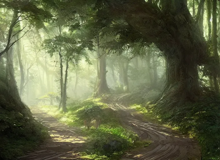 Image similar to A beautiful pathway in a forest, lush trees, a fantasy digital painting by Greg Rutkowski and James Gurney, trending on Artstation, highly detailed