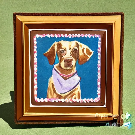 Prompt: painted wooden frame, elegant, 1 9 2 0 s, for a square picture of a happy dog. the frame is ornate and has room for the name tag of the dog. digital art