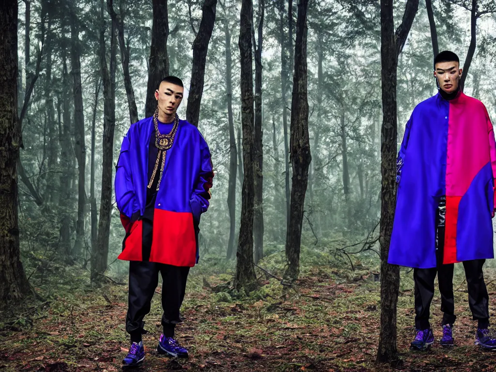 Prompt: versace avant garde male super oversized jacket blue purple red necklace textiles streetwear cyberpunk buff muscle japanese asian man shaved head in the woods overcast late evening dramatic professional color 8 k hdr