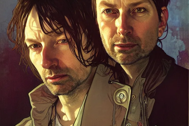 Image similar to hyper realistic portrait of radiohead singer songwriter, by lee bermejo, alphonse mucha and greg rutkowski