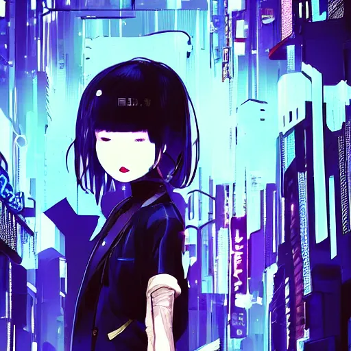 Image similar to Frequency indie album cover, luxury advertisement, indigo filter, blue and black colors. highly detailed post-cyberpunk sci-fi close-up schoolgirl in asian city in style of cytus and deemo, mysterious vibes, by Tsutomu Nihei, by Yoshitoshi ABe, by Ilya Kuvshinov, by Greg Tocchini, nier:automata, set in half-life 2, beautiful with eerie vibes, very inspirational, very stylish, with gradients, surrealistic, dystopia, postapocalyptic vibes, depth of field, mist, rich cinematic atmosphere, perfect digital art, mystical journey in strange world, beautiful dramatic dark moody tones and studio lighting, shadows, bastion game, arthouse