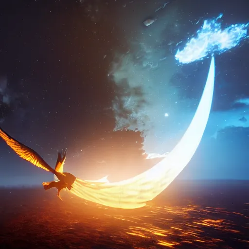 Image similar to phoenix flying in front of the moon, glowing light, fire, unreal engine, octane render, greg rutkowski, 8 k