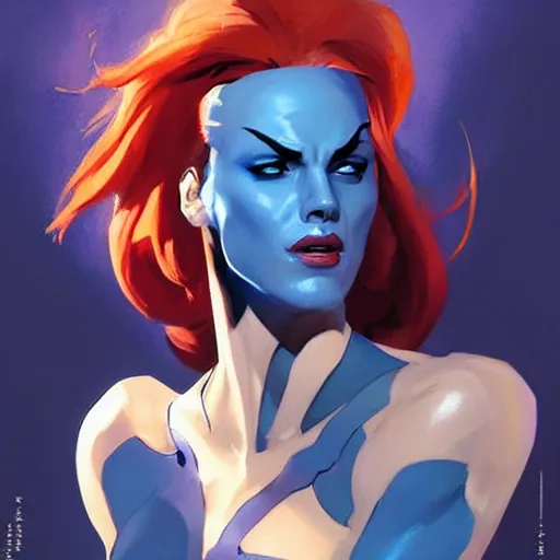 Image similar to greg manchess portrait painting of mystique x - men as overwatch character, medium shot, asymmetrical, profile picture, organic painting, sunny day, matte painting, bold shapes, hard edges, street art, trending on artstation, by huang guangjian and gil elvgren and sachin teng