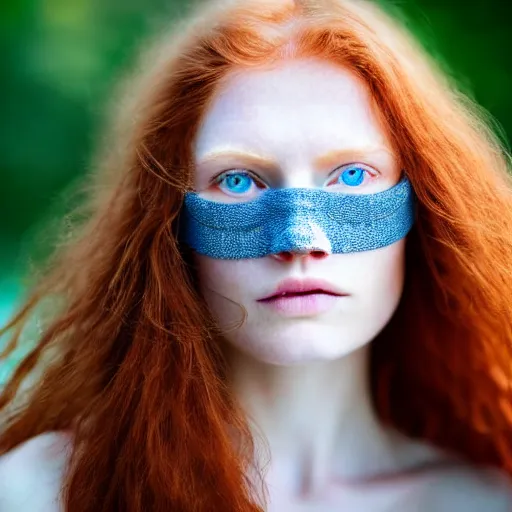 Image similar to close up half-face portrait photograph of a ginger woman with deep blue eyes. Wavy long hair. she looks directly at the camera. Slightly open mouth, face covers half of the frame, with a park visible in the background. 135mm nikon. Intricate. Very detailed 8k. Sharp. Cinematic post-processing. Award winning portrait photography