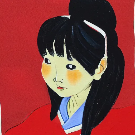 Image similar to a painting of Japanese schoolgirl, clothed, gouache