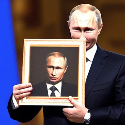 Image similar to putin is holding a picture of putin holding a portrait of putin