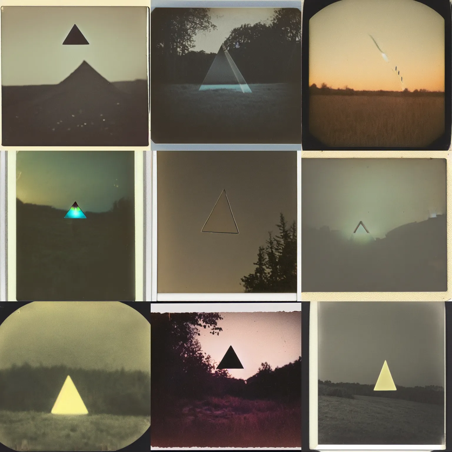 Prompt: old polaroid depicting a glowing triangle hovering above a clearing, at dusk