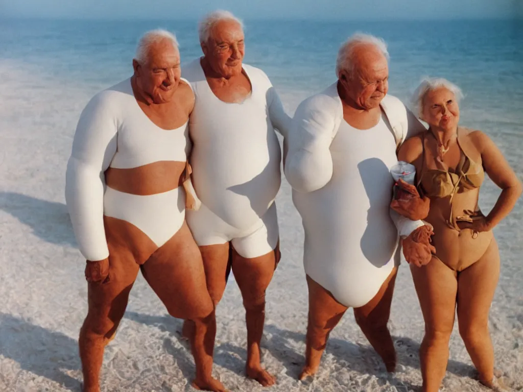 Image similar to a martin parr photo of a grandpa couple, wearing michelin man white body costumes in a beach, sunrise, 1 9 7 0 s kodachrome colour photo, flash on camera,