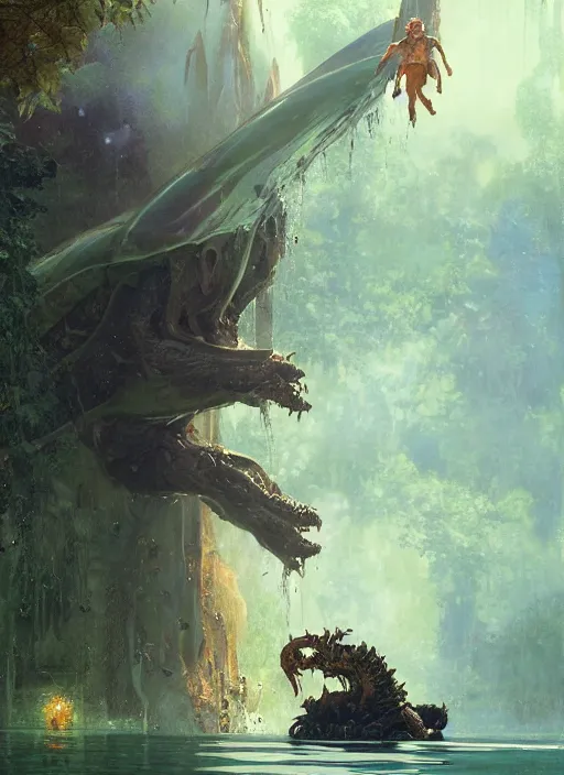 Image similar to huge towering alien brute beautiful demon emerging from lake on sunny day, splashing, partially submerged, water cascading, by sergey kolesov and lawrence alma tadema and norman rockwell and greg staples and craig mullins and john berkey and ruan jia, artstation creature art