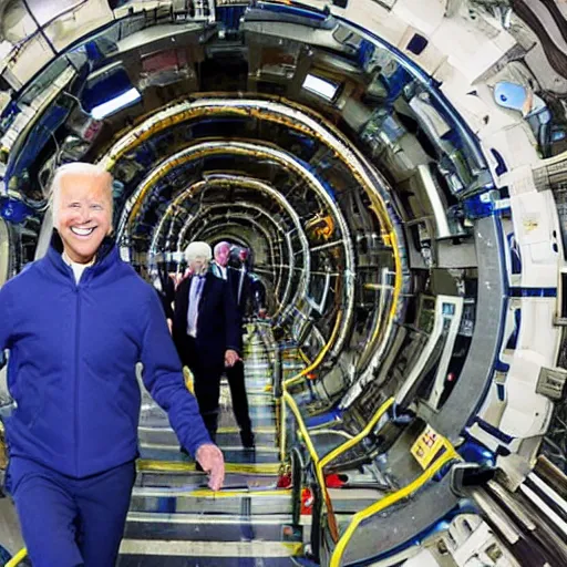 Prompt: Joe BIDEN crawling out of The Large Hadron Collider at cern with a bunch of demons behind him