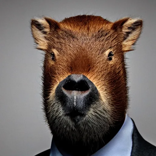 Image similar to capybara head, a man wearing a suit capybara head (smoking cigar)