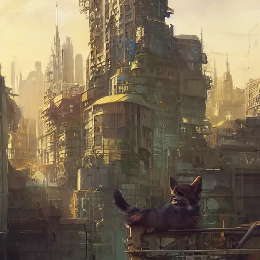 Prompt: beautiful digital illustration of an adorable corgi puppy, highly detailed dystopian cityscape background, hyperrealistic, extremely lifelike, award - winning, greg rutkowski, artgerm, moebius, ruan jia, makoto shinkai, alphonse mucha, trending on artstation, 8 k