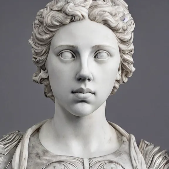 Prompt: a white art nouveau marble and silver sculptural bust of a worried young scarlett johansson as joan of arc, wearing plate armor, delicate, intricate, smooth, beautiful, by charles van der stappen