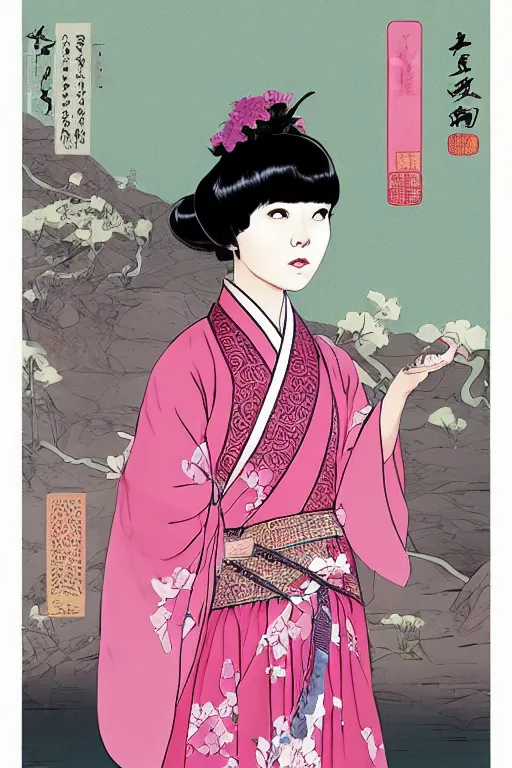 Prompt: a girl with pink short hair in a chinese hanfu with rich details, by tomer hanuka