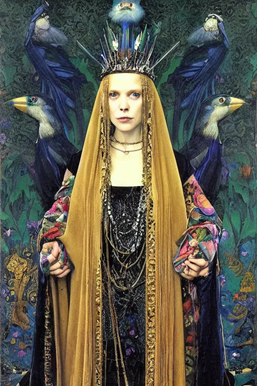 Image similar to portrait of the queen of crows, by Donato Giancola and John Bauer and Vermeer, embroidered velvet, iridescent beetles, rich color, ornate headdress, flowing robes, sacred artifacts, lost civilizations,featured on Artstation, cgisociety, unreal engine, extremely detailed