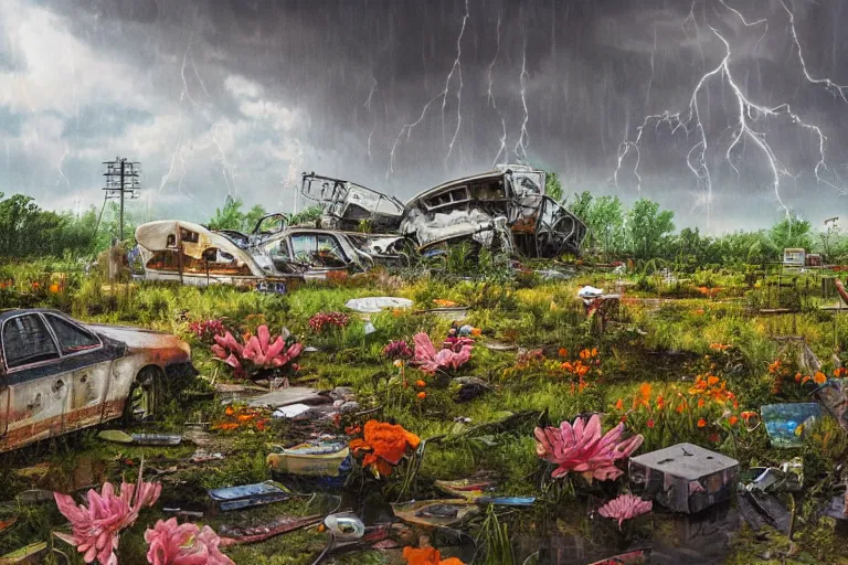 Image similar to hyperrealism, scene from thunderstorm, starship, junkyard, louisiana swamps, orange blooming flowers garden, 8 k, 8 0 s japanese sci - fi books art