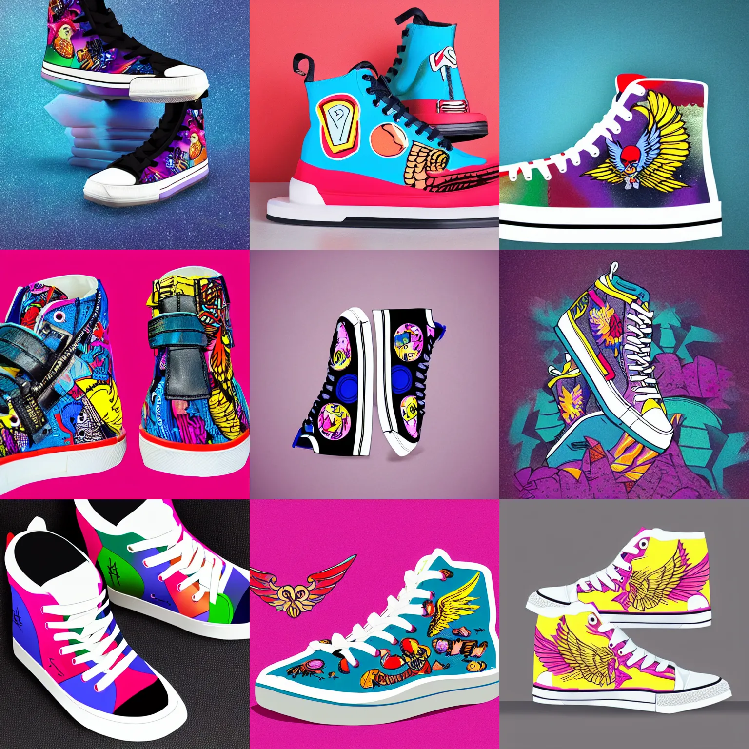 Prompt: winged high top sneakers with colorful comic illustrations, product photo, studio lighting, highly detailed