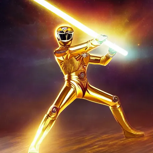 Prompt: full ultimate shiny golden sharp saber of power ranger white photorealistic digital art hyperdetailed surface sunlight reflections