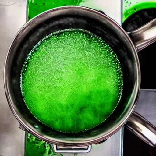 Image similar to brewing violent bubbling green fluid soup, green steam rising from soup