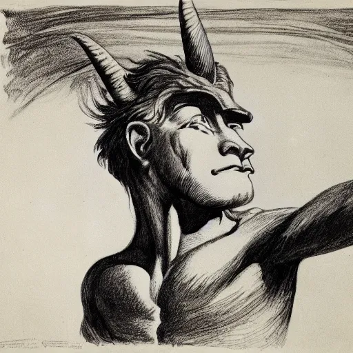 Image similar to a creature with the body and eyes of a man, with the beak of an eagle, the mane of a lion, and the horn of a bull. drawn by edward hopper