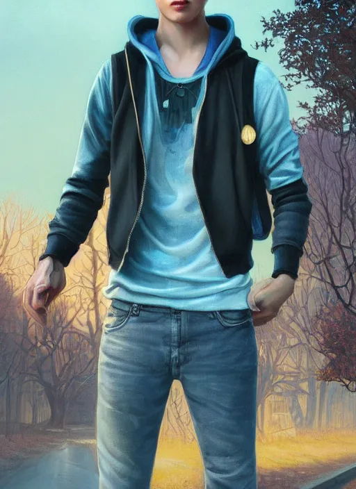 Image similar to handsome young man with short black hair, light blue eyes, pale skin, detailed neighbourhood background, houses, trees, road, magical atmosphere, tarot card, glowing, golden hour, wearing jeans and a black hoodie, realistic painting by ross tran and gerald brom and alphonse mucha, trending on artstation