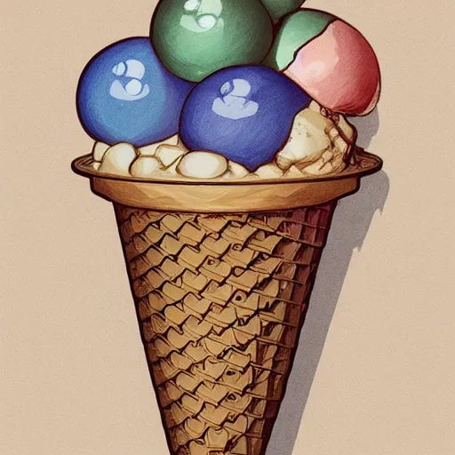 Image similar to Stylised and coloured Lineart of an icecream cone with three large ball scoops stacked on top of it, highly detailed, digital pencil painting, artstation, concept art, crisp, sharp focus, illustration, art by artgerm and greg rutkowski and alphonse mucha